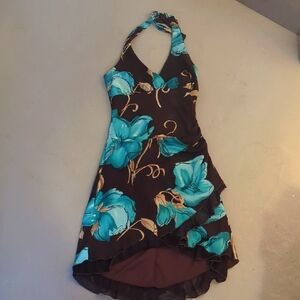 Floral Halter Dress in Blue and Brown